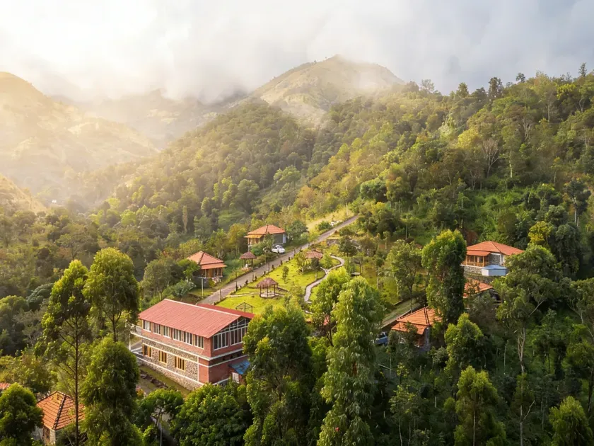 Panoramic Pambar Valley view from a cottage balcony at Zacs Valley Resort, Kodaikanal