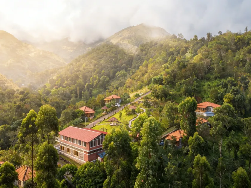 Panoramic Pambar Valley view from a cottage balcony at Zacs Valley Resort, Kodaikanal